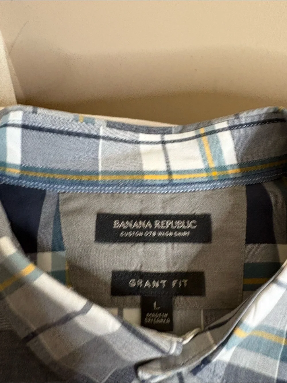 Banana Republic Custom 078 Wash Grant Shirt Mens Large Plaid Blue White Yellow